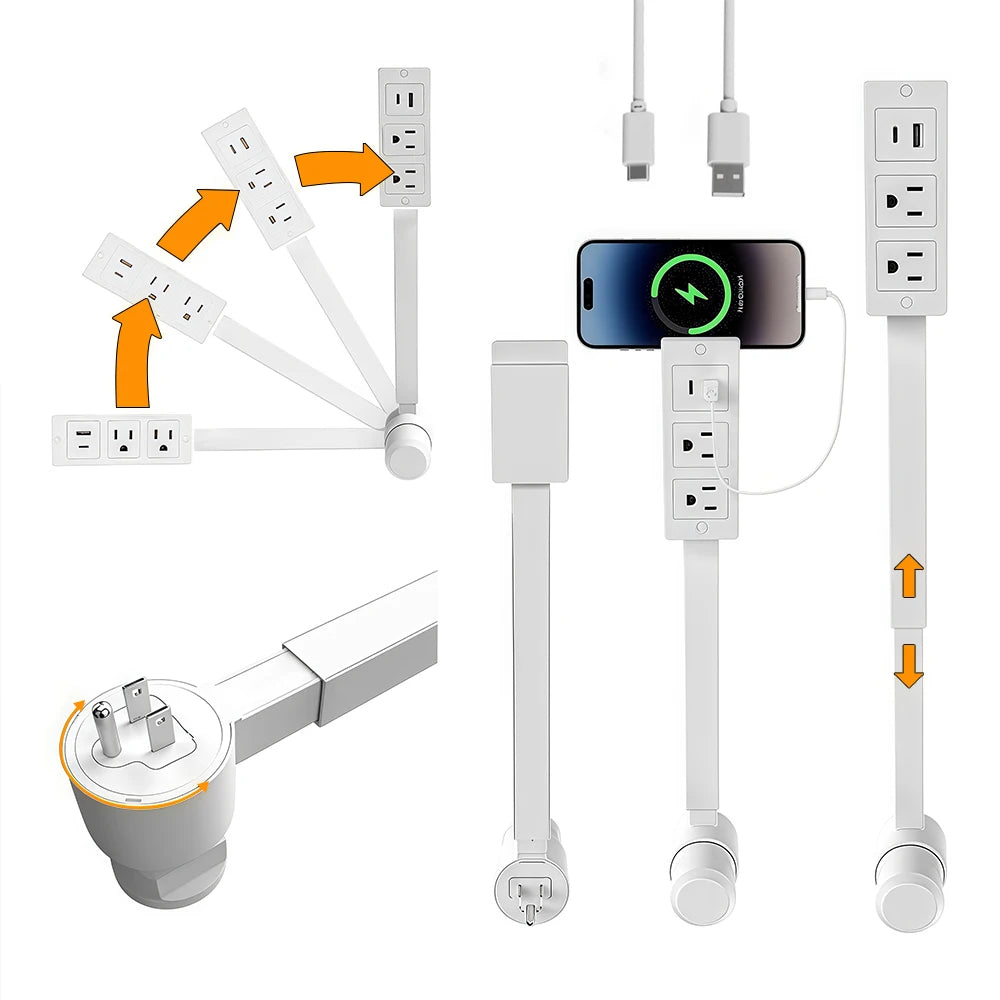 Electrical Outlet Extender Stick - Power Socket Expander with USB-A USB-C Outlets,Rotates180° Sofa Bedside Table Extender Tools